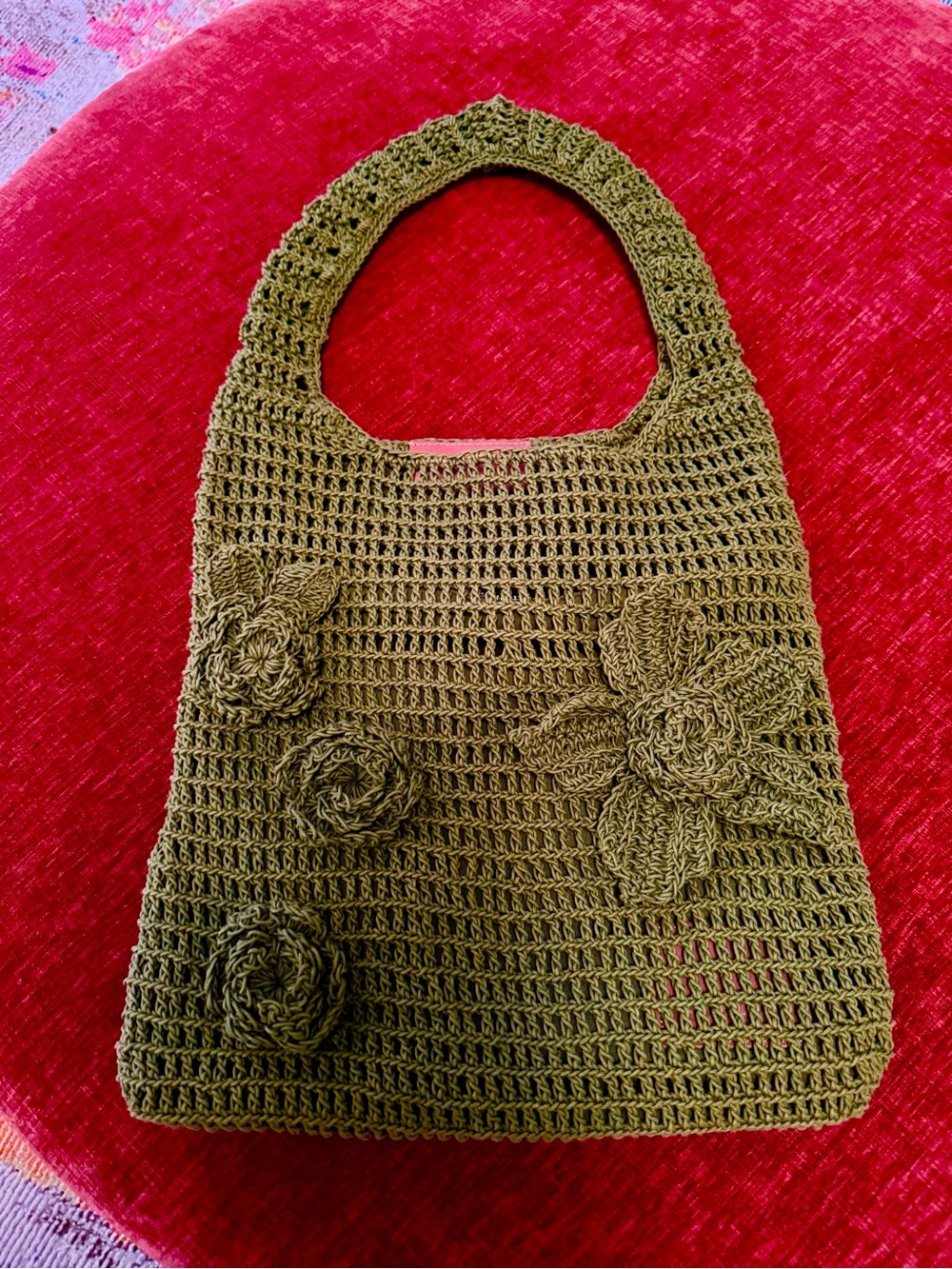 Desigual Olive Crochet Shoulder Bag with Floral Motifs